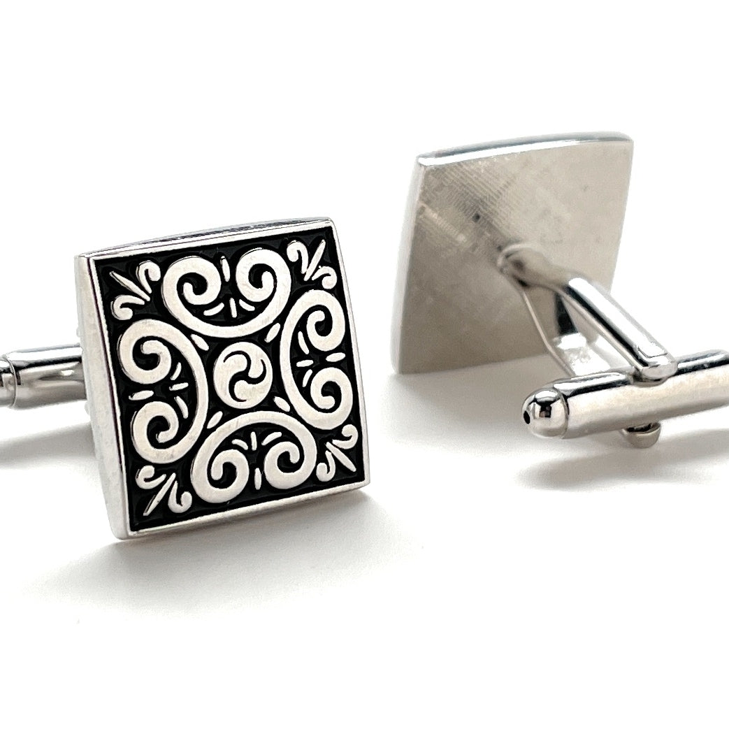 Royal Swirl Cufflinks Black Enamel Silver Accents Straight Bullet Post Power Cuff Links Groom Gift Groomsmen Cufflinks Image 4