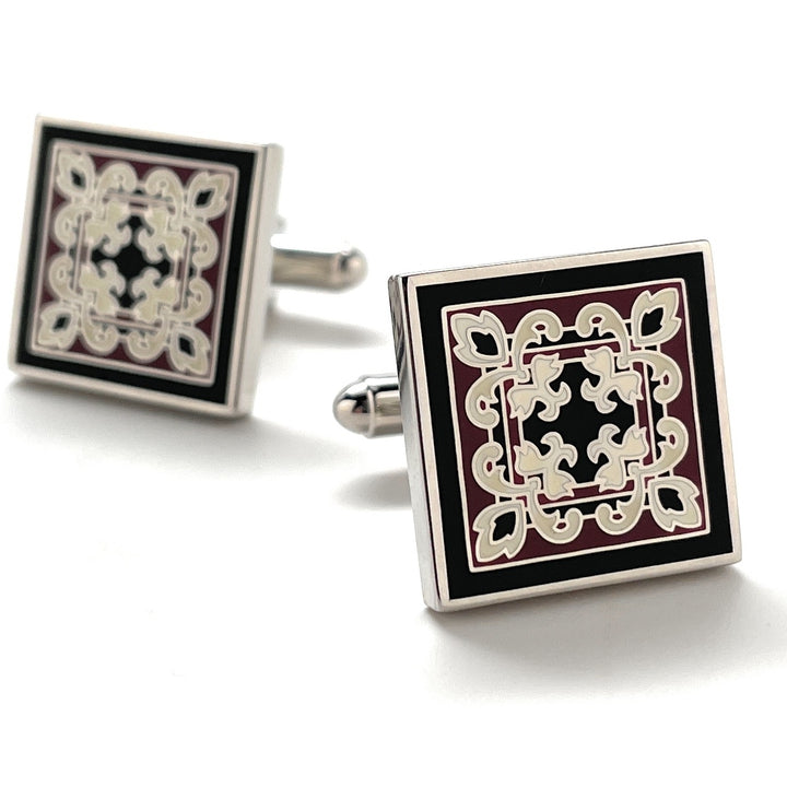 Floral Swirl Cufflinks Black Maroon White Enamel Silver Accents Straight Bullet Post Power Cuff Links Groom Gift Image 1