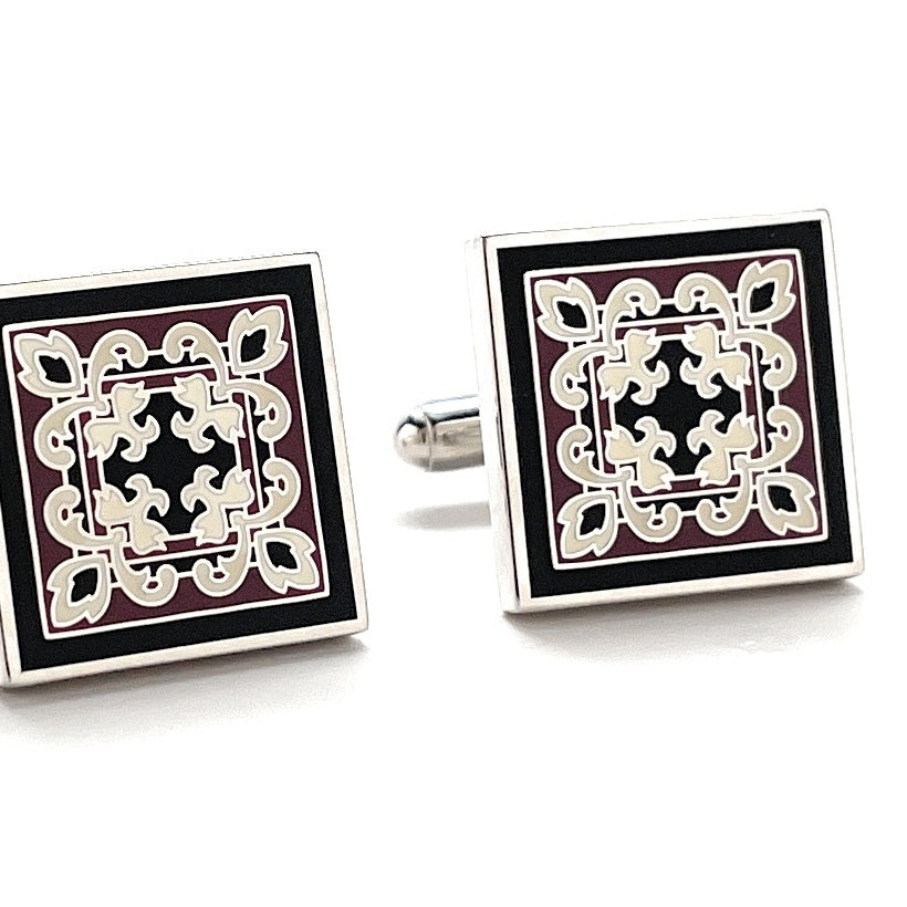 Floral Swirl Cufflinks Black Maroon White Enamel Silver Accents Straight Bullet Post Power Cuff Links Groom Gift Image 2