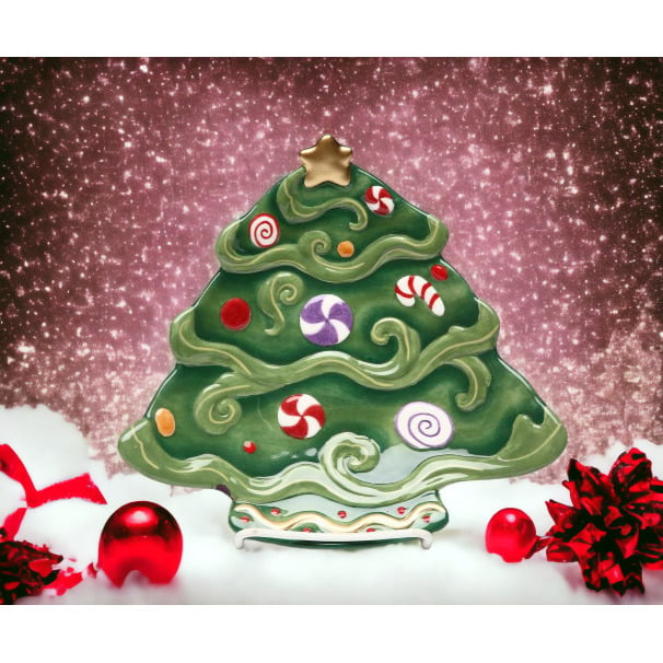 Ceramic Christmas Tree Dessert Plate Set of 4 Holiday Image 1