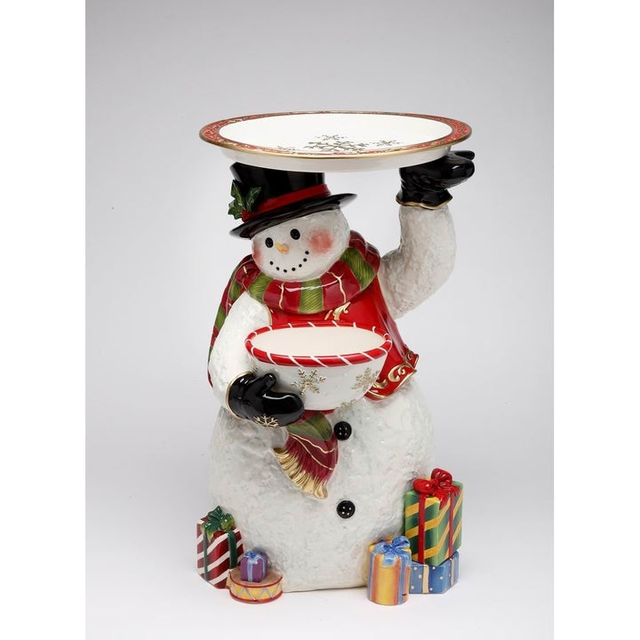 Kevins Gift Shoppe Ceramic 18" Snowman Figurine With Plate and Bowl Image 3