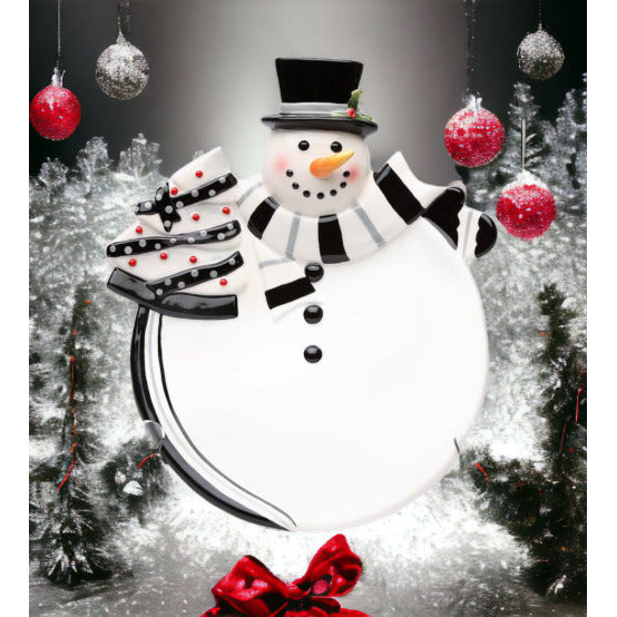 Black and White Ceramic Snowman Plate 10.25 x 8.375 x 2.25 Gift Image 1