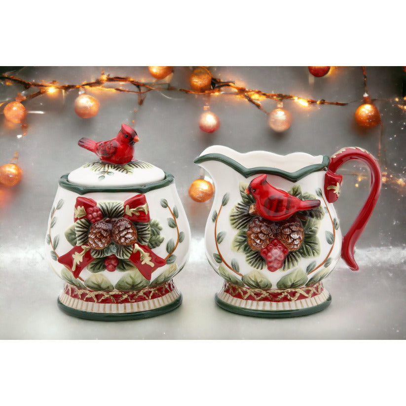 Ceramic Sugar Bowl and Creamer with Cardinals and Pine ConesHome DcorKitchen DcorChristmas Dcor Image 1