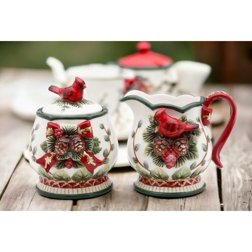 Ceramic Sugar Bowl Creamer Set Cardinals Pine Cones 3 3/8" Gift Image 2