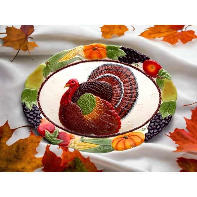 Hand Painted Ceramic Thanksgiving Turkey Platter 17x12 Fall Gift Image 1