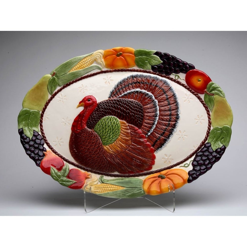 Hand Painted Ceramic Thanksgiving Turkey Platter 17x12 Fall Gift Image 2