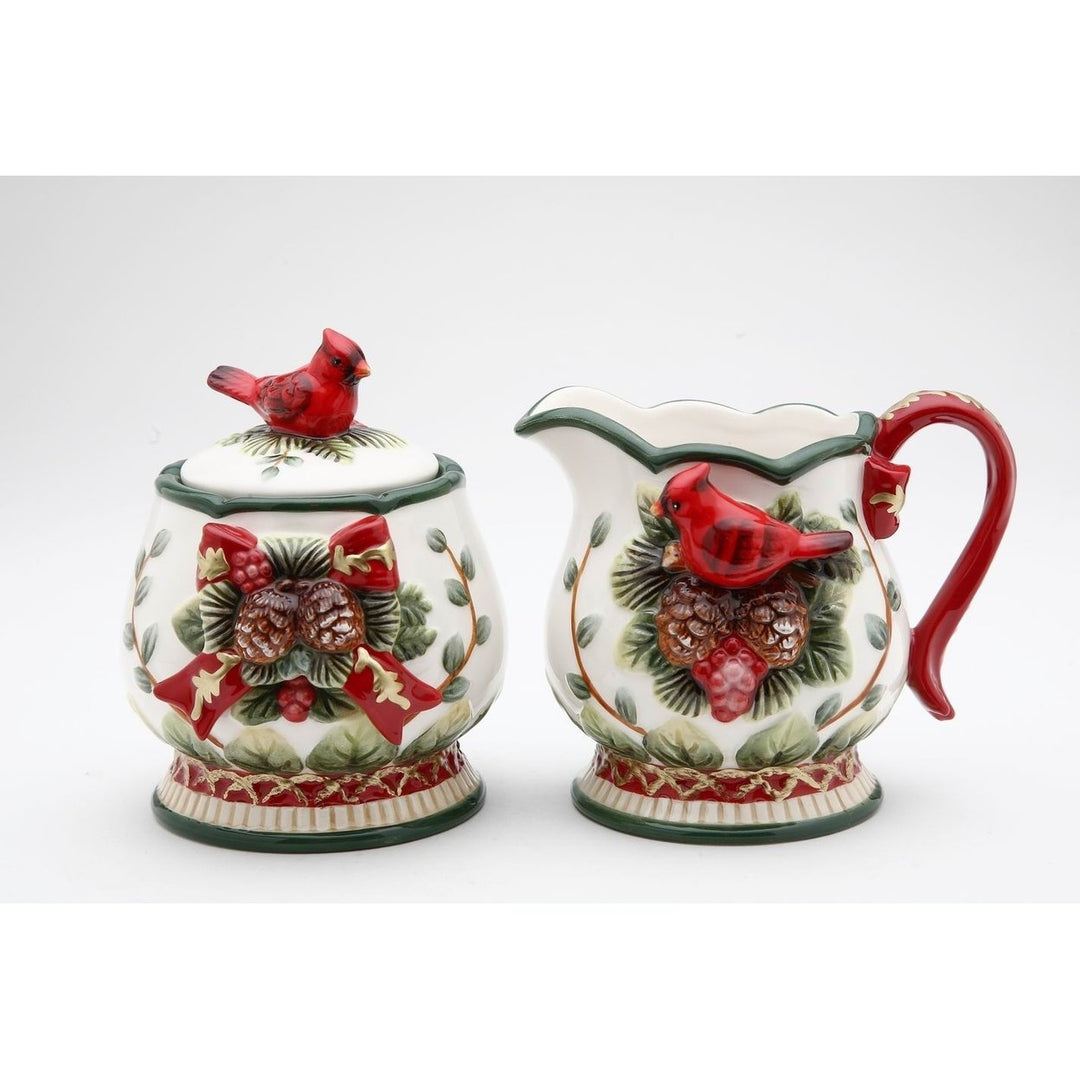 Ceramic Sugar Bowl Creamer Set Cardinals Pine Cones 3 3/8" Gift Image 3