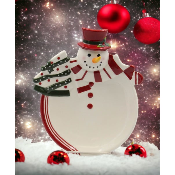 Ceramic Snowman Plate 10x8 Handcrafted Holiday Image 1