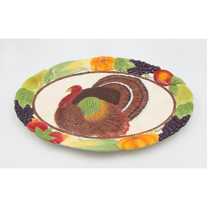 Hand Painted Ceramic Thanksgiving Turkey Platter 17x12 Fall Gift Image 3