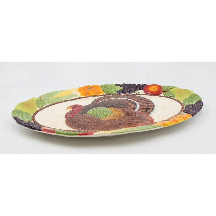 Hand Painted Ceramic Thanksgiving Turkey Platter 17x12 Fall Gift Image 4