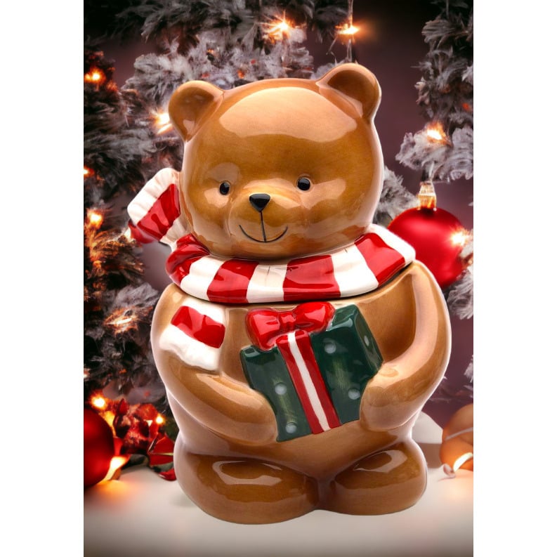 Hand Painted Ceramic Teddy Bear Candy Box Holiday Decor 4 7/8" Image 1