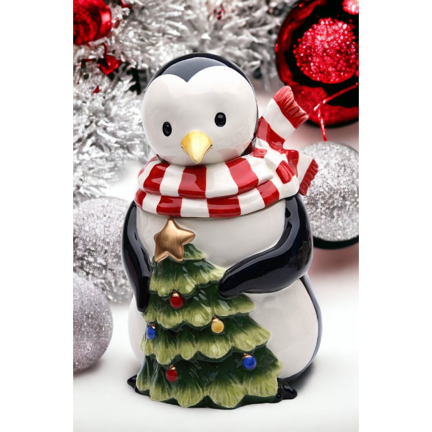 Ceramic Penguin Christmas Tree Candy Box 5.75in Holiday Image 1