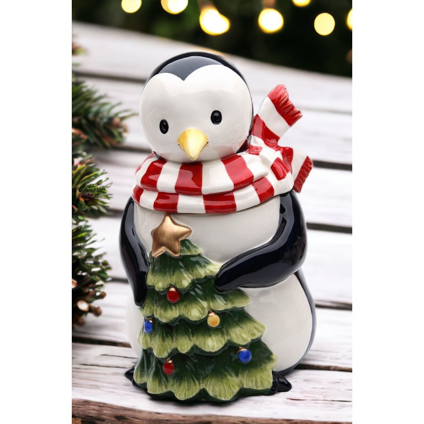 Ceramic Penguin Christmas Tree Candy Box 5.75in Holiday Image 2