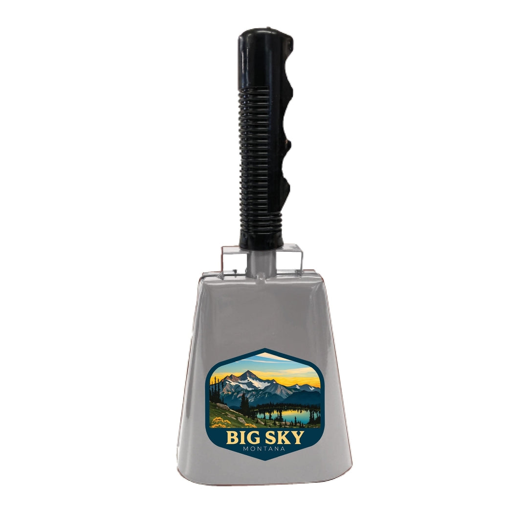 Big Sky Montana Mountain and Lake Design Souvenir Destination Cowbell Image 1