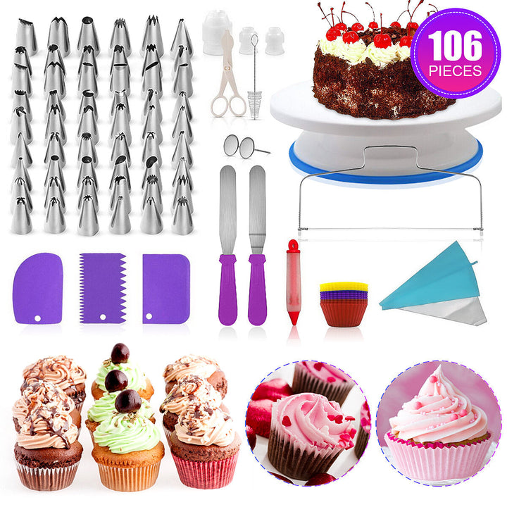 106 PCS Set Multi-color DIY Cake Decorations Turntable Icing nozzles Mould Spatula Bags Tools Kit For Party Image 3