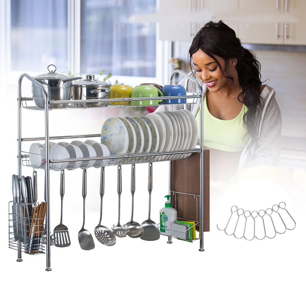 1,2 Layer Tier Stainless Steel Dish Drainer Cutlery Holder Rack Drip Tray Kitchen Tool For Single Sink Image 3