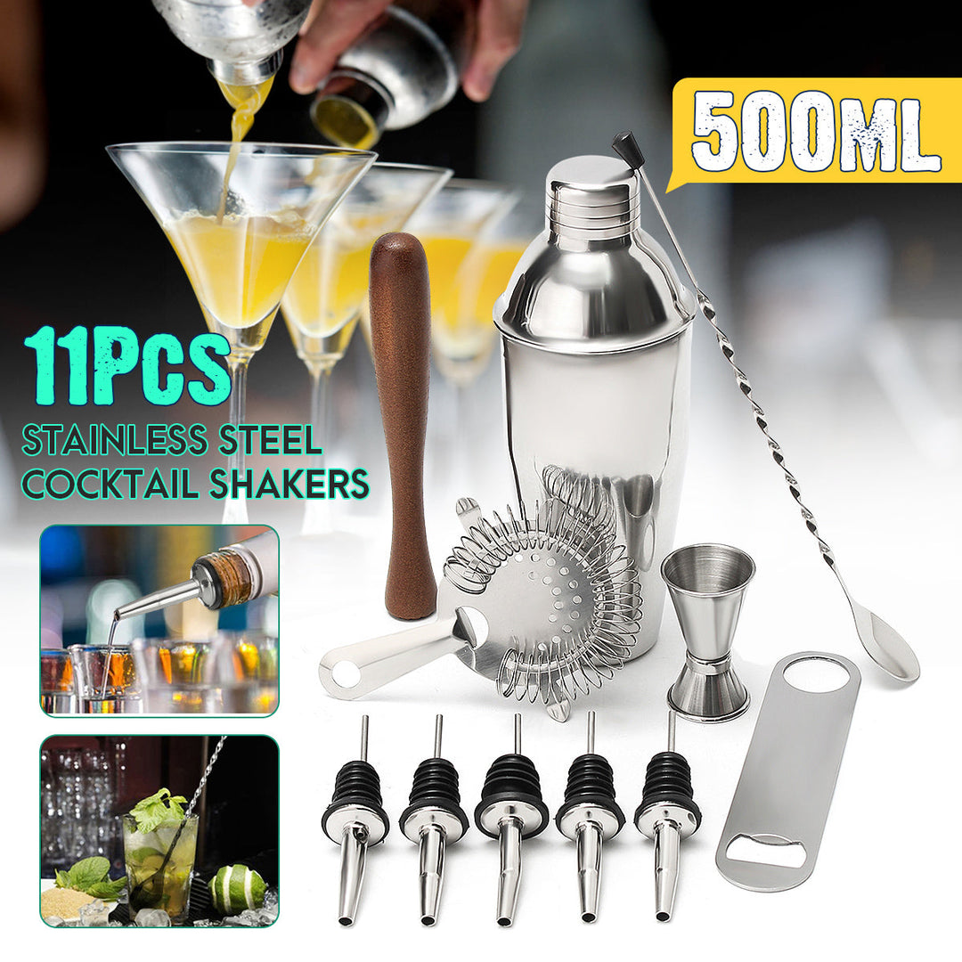 11pc Stainless Steel Cocktail Shaker Mixer Martini Spirits Muddler Pourer Strainer Bartender Set Image 9