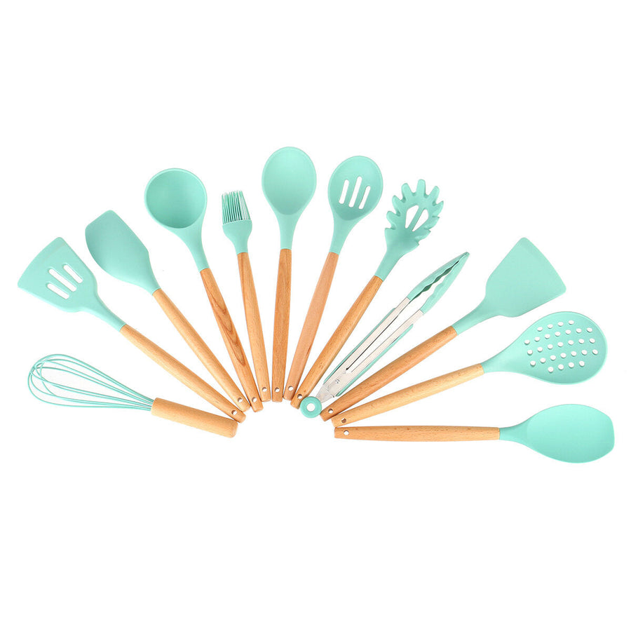 12 Pcs Non-stick Wooden Handle Silicone Kitchen Utensil Set Heat-Resistant Cookware Kit with Storage Box Image 1