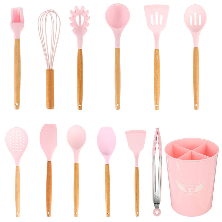 12 Pcs Non-stick Wooden Handle Silicone Kitchen Utensil Set Heat-Resistant Cookware Kit with Storage Box Image 3