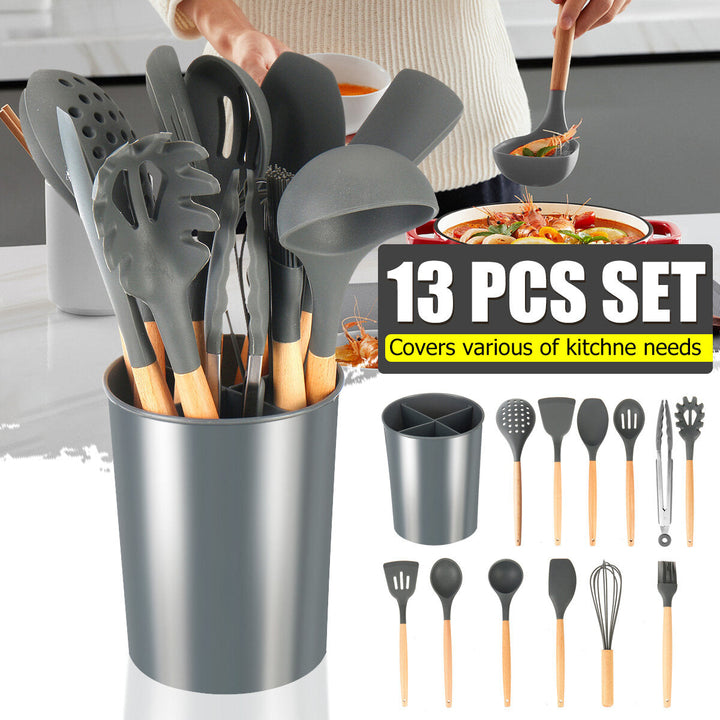12 Pcs Non-stick Wooden Handle Silicone Kitchen Utensil Set Heat-Resistant Cookware Kit with Storage Box Image 4