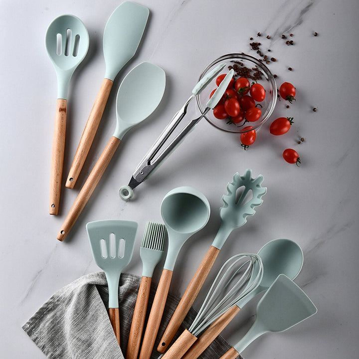 12Pcs Wooden Silicone Kitchen Utensil Nonstick Cooking Tool Spoon Soup Ladle Turner Spatula Tong Cookware Baking Gadget Image 3