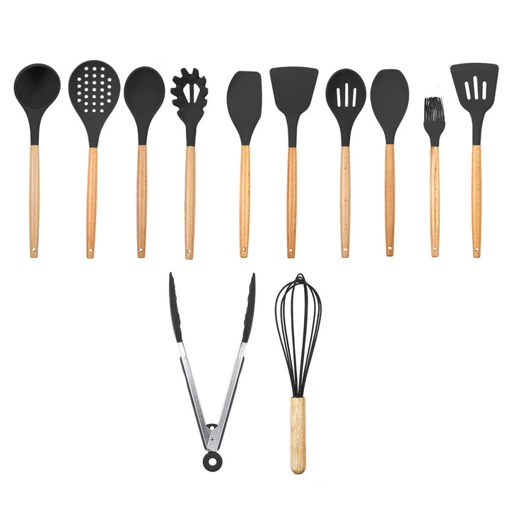 12pcs Wooden Silicone Kitchen Utensil Nonstick Cooking Tool Spoon Soup Ladle Turner Spatula Tong Cookware Baking Gadget Image 1