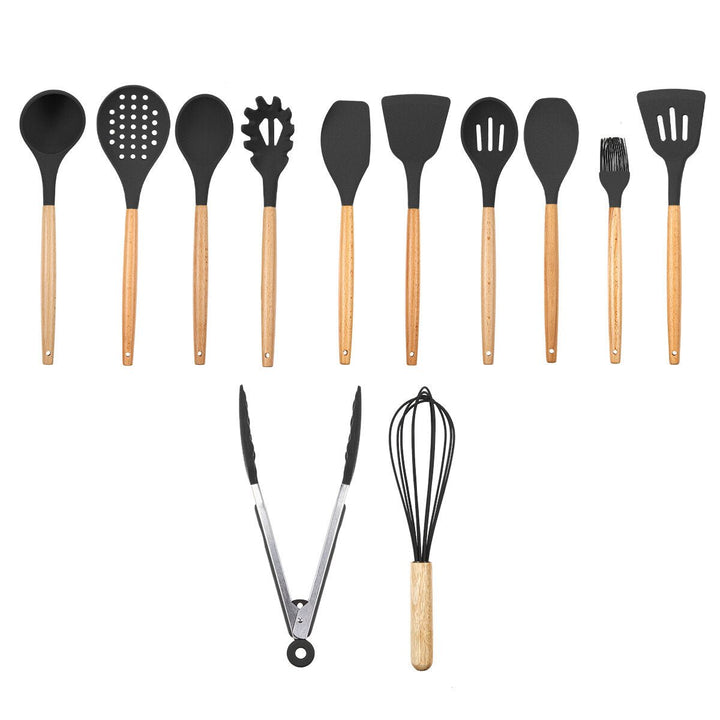12Pcs Wooden Silicone Kitchen Utensil Nonstick Cooking Tool Spoon Soup Ladle Turner Spatula Tong Cookware Baking Gadget Image 1