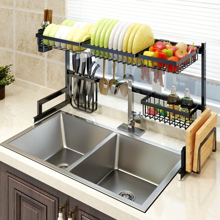 2 Layers Stainless Steel Over Sink Dish Drying Rack Storage Multi-functional Arrangement for Kitchen Counter Image 9