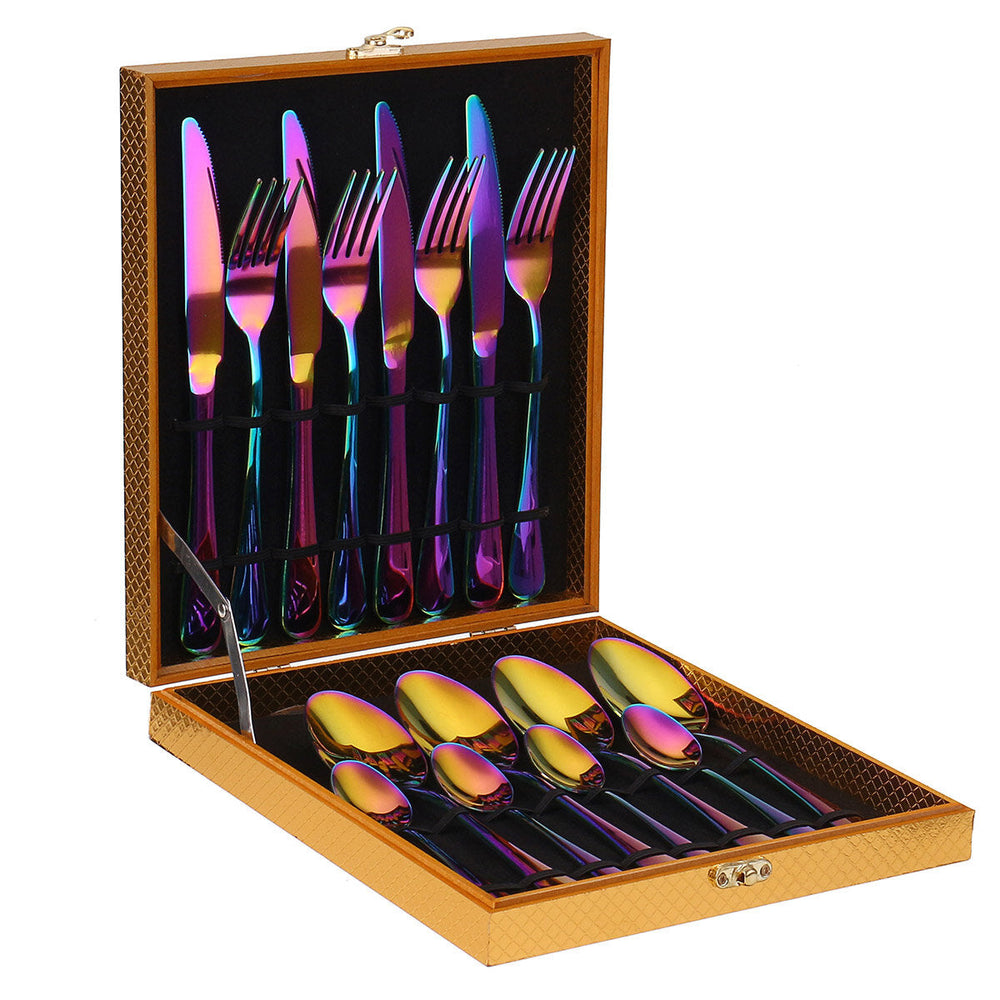16PCS Cutlery Set Stainless Steel Rainbow Fork Spoon Kitchen Dinnerware Sets With Storage Box Image 2