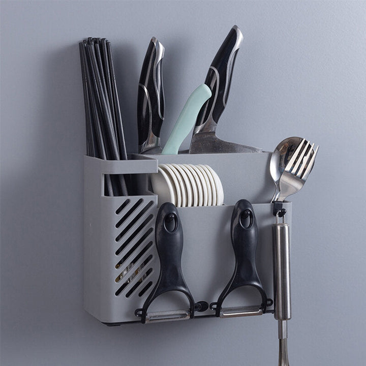 Creative Multi-function Kitchen Storage Organization Drain Chopstick Cage Wall Mounted Spoon Fork Racks Holder Image 4