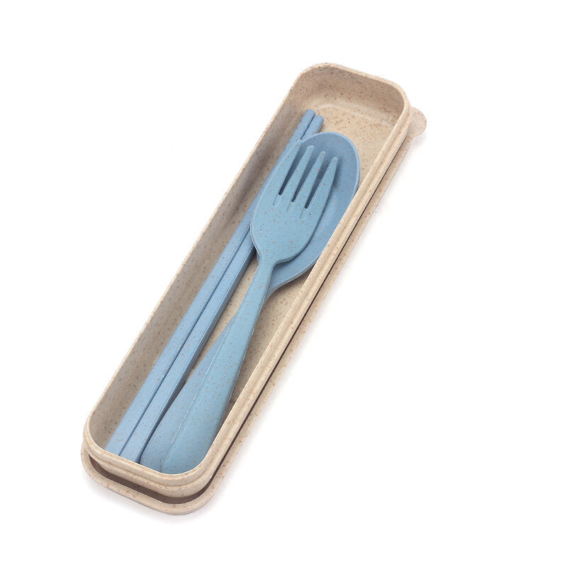 Eco-friendly Portable Chopstick Fork Spoon Three-piece Travel Picnic Wheat Straw Tableware Set with Carrying Box Image 4