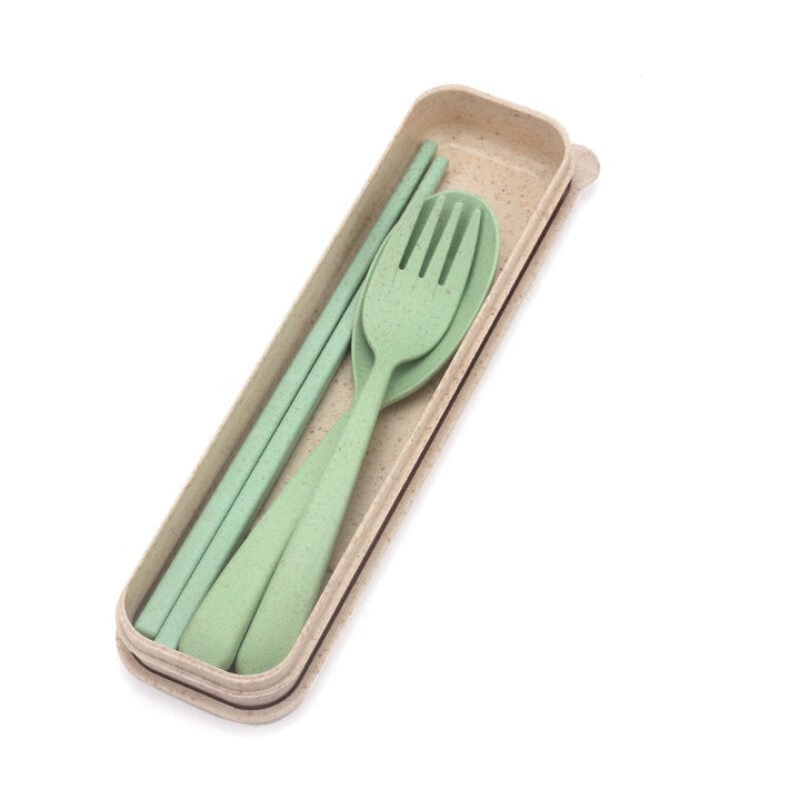 Eco-friendly Portable Chopstick Fork Spoon Three-piece Travel Picnic Wheat Straw Tableware Set with Carrying Box Image 1
