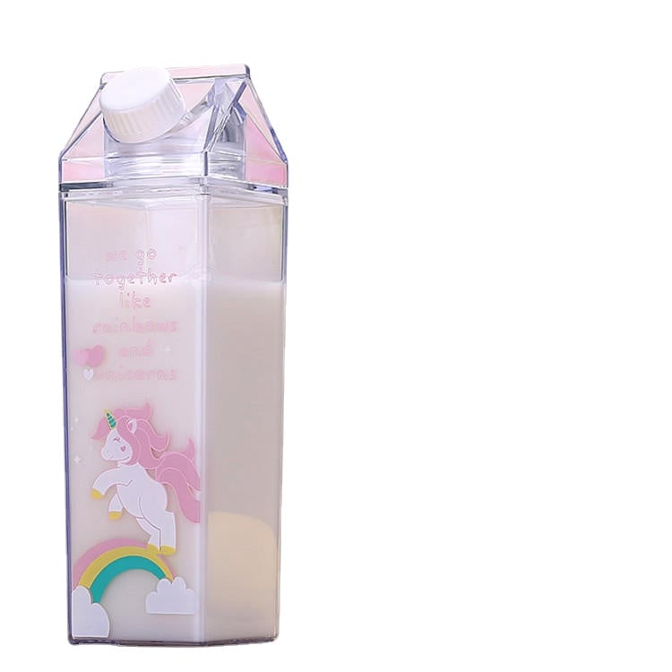 Portable Cup Novelty Milk Carton Shaped Cartoon Unicorn Printed Water Bottle Image 1