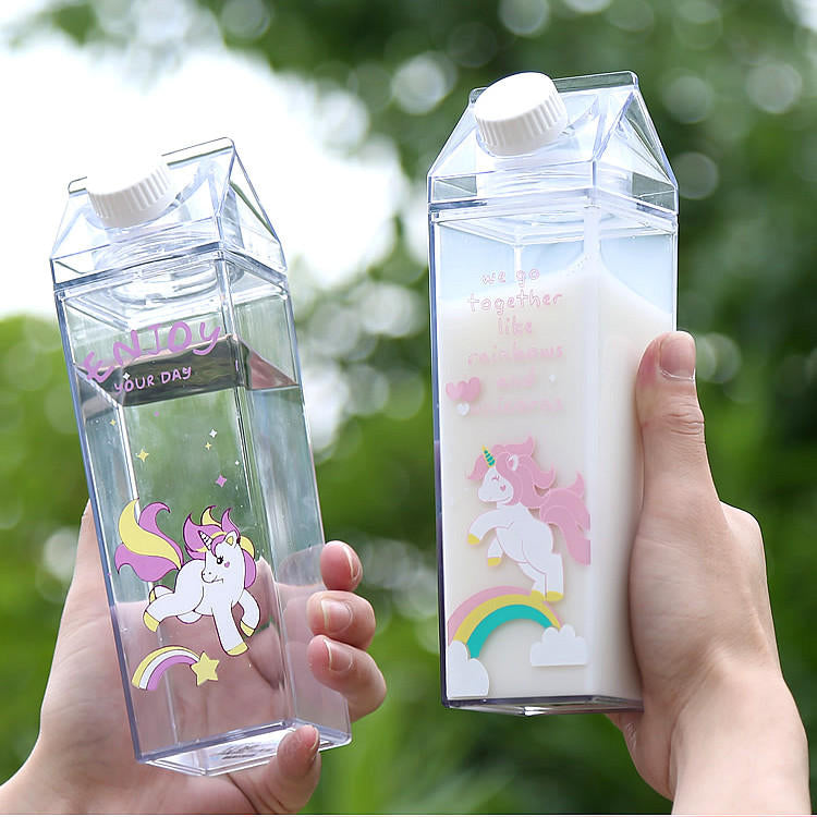 Portable Cup Novelty Milk Carton Shaped Cartoon Unicorn Printed Water Bottle Image 12