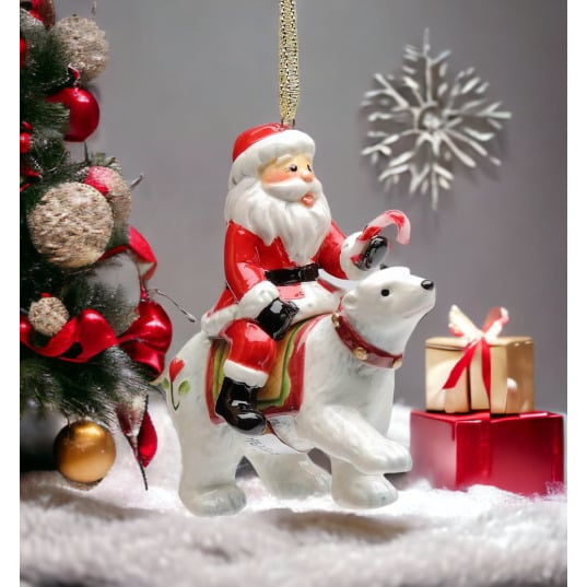 Ceramic Santa Riding Polar Bear Ornament 3 1/8" Christmas Gift Image 1