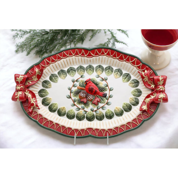 Ceramic Christmas Robin Bird Tray 17.875x11  Mom Kitchen Image 1