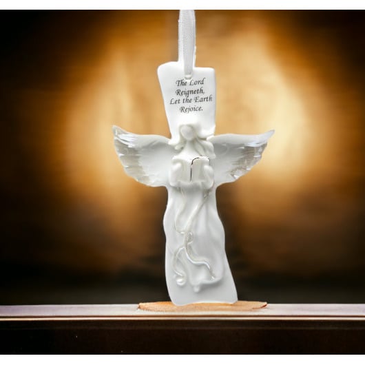 Ceramic Angel Singing on Cross 9x5.75 Religious Gift Church Baptism Image 1