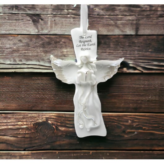 Ceramic Angel Singing on Cross 9x5.75 Religious Gift Church Baptism Image 2