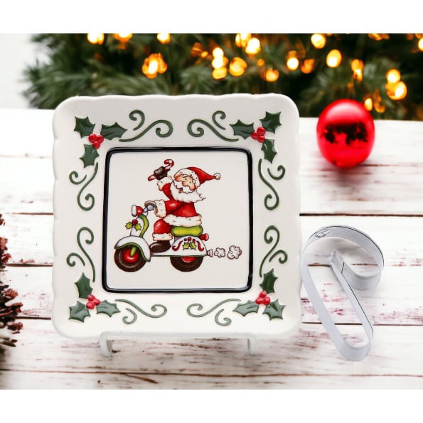 Ceramic Santa Plate with Scooter and Candy Cane Cookie Cutter Image 1