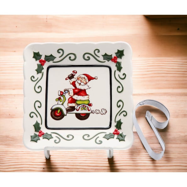 Ceramic Santa Plate with Scooter and Candy Cane Cookie Cutter Image 2