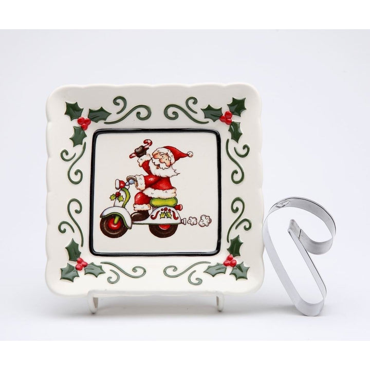 Ceramic Santa Plate with Scooter and Candy Cane Cookie Cutter Image 3