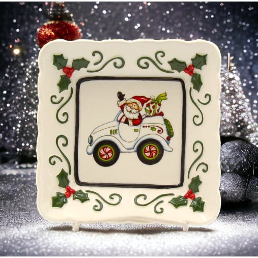 Ceramic Santa Driving Car Plate Set 3 Holiday Image 1