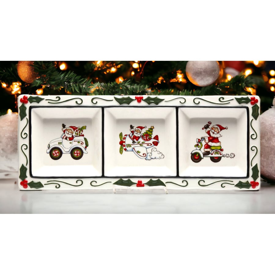 Ceramic Santa Claus 3 Section Plate 16x6 Kitchen  Christmas Image 1