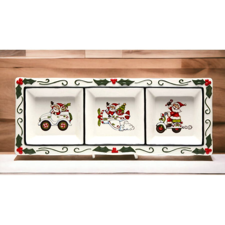 Ceramic Santa Claus 3 Section Plate 16x6 Kitchen  Christmas Image 2