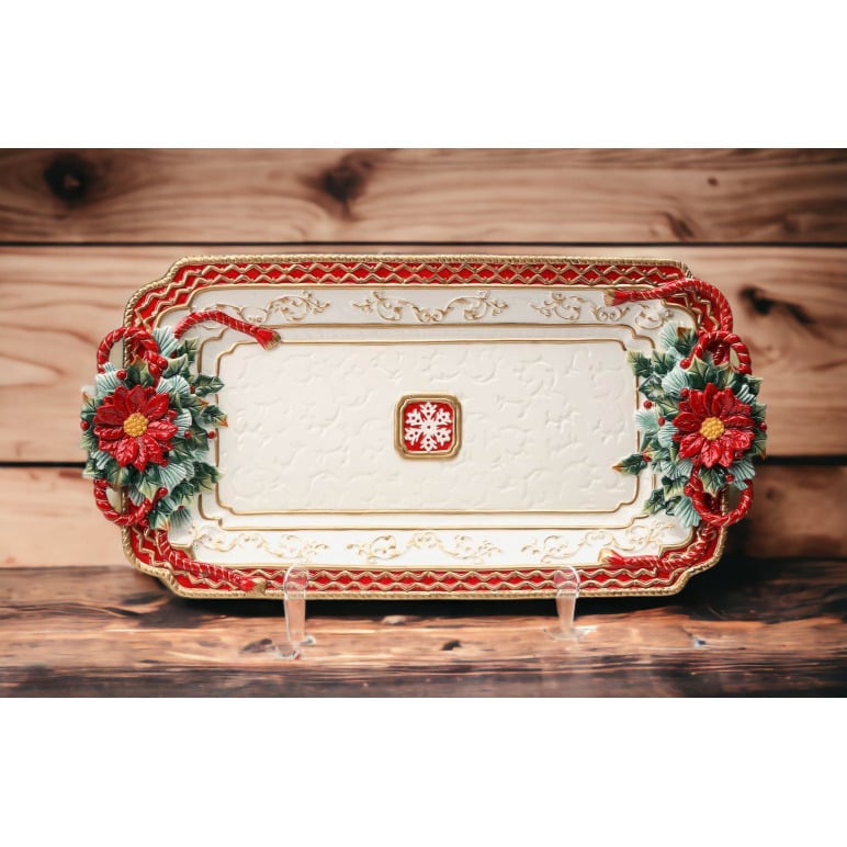 Ceramic Poinsettia Tray Platter 20x10 Holiday  Mom Image 2