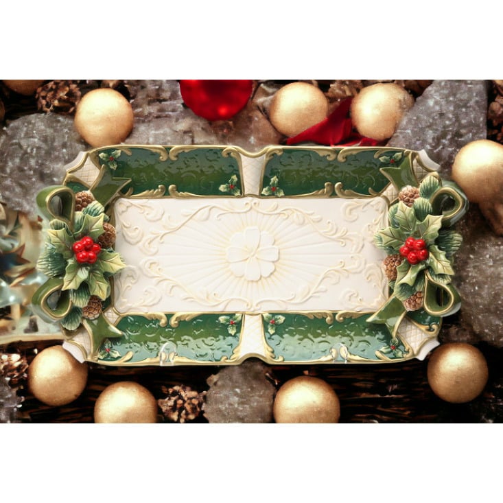 Hand Painted Ceramic Christmas Tray 19.75"x10.25" Holly Holiday Decor Gift Image 1