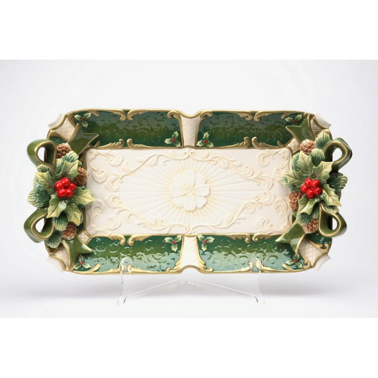 Hand Painted Ceramic Christmas Tray 19.75"x10.25" Holly Holiday Decor Gift Image 3