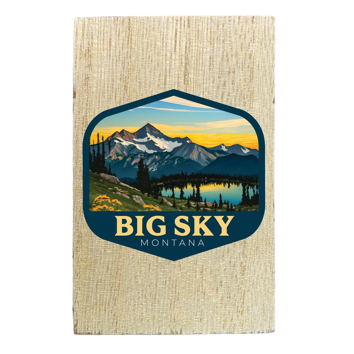 Big Sky Montana Mountain and Lake Design Souvenir Wooden 2" x 3" Fridge Magnet Image 1