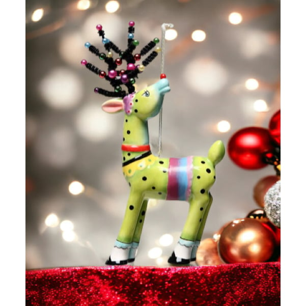 Ceramic Dotted Deer Ornament in Green with Beaded Antlers 3.125 inches Image 1