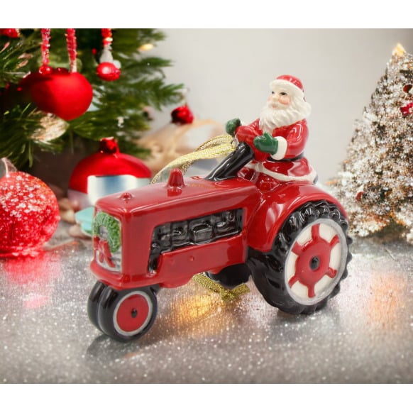 Ceramic Christmas Santa Tractor Ornament 4x2x3.25 Kitchen Image 1